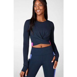 Fabletics Navy Fuchsia Pink Pia Front Twisted Long Sleeve Cropped Top small